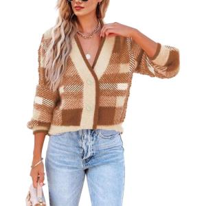 imageImily Bela Womens Cardigan Sweaters Plaid Fuzzy Knit V Neck Button Down Long Sleeve Cozy Cardigans Pullover TopsTan