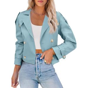 imageImily Bela Womens Lapel Trench Coat Double Breasted Cropped Jacket Casual Outwear with BeltBlue