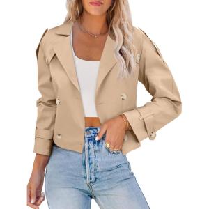 imageImily Bela Womens Lapel Trench Coat Double Breasted Cropped Jacket Casual Outwear with BeltKhaki