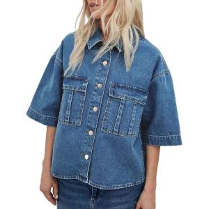 imageImily Bela Womens Oversized Short Sleeve Denim Jackets Trendy Cropped Jean Tops ShacketsBlue