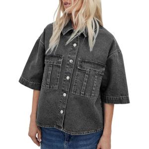 imageImily Bela Womens Oversized Short Sleeve Denim Jackets Trendy Cropped Jean Tops ShacketsGrey