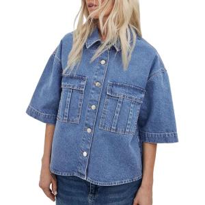 imageImily Bela Womens Oversized Short Sleeve Denim Jackets Trendy Cropped Jean Tops ShacketsLight Blue
