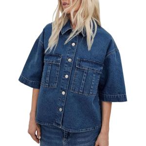 imageImily Bela Womens Oversized Short Sleeve Denim Jackets Trendy Cropped Jean Tops ShacketsNavy