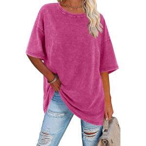 imageImily Bela Womens Oversized T Shirts Vintage Cotton Tees Crewneck Short Sleeve Washed Summer Tunic TopsHot Pink