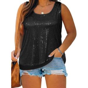 imageImily Bela Womens Plus Size Sequin Tank Tops Summer Scoop Neck Sleeveless Tshirts Sexy Sparkle Shimmer Tunic TopsBlack