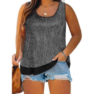imageImily Bela Womens Plus Size Sequin Tank Tops Summer Scoop Neck Sleeveless Tshirts Sexy Sparkle Shimmer Tunic TopsSilver