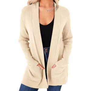 imageimesrun Womens Open Front Cardigans Casual Long Sleeve Classic Knit Sweater Outerwear with PocketsAbeigeCream Yellow