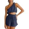 imageImily Bela Womens 2 Piece Outfits Linen Matching Sets Two Piece Crop Tops and Paper Bag Waist Shorts Sets 2025 Summer OutfitsNavy Blue