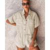 imageImily Bela Womens 2 Piece Outfits Sets Summer Button Down Shirts and Shorts Pajama Sets Casual Loungewear with PocketsBeige