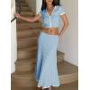 imageImily Bela Womens 2 Piece Sweater Outfits Sets Short Sleeve V Neck Crop Top Knit Midi Long Pleated Skirt DressesBlue