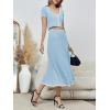 imageImily Bela Womens 2 Piece Sweater Outfits Sets Short Sleeve V Neck Crop Top Knit Midi Long Pleated Skirt DressesBlue