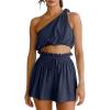 imageImily Bela Womens 2 Piece Outfits Linen Matching Sets Two Piece Crop Tops and Paper Bag Waist Shorts Sets 2025 Summer OutfitsNavy Blue