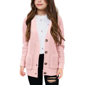 imageImily Bela Girls Sweaters Kids Open Front Button Down Knit Cardigans with PocketsPink