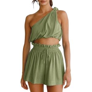 imageImily Bela Womens 2 Piece Outfits Linen Matching Sets Two Piece Crop Tops and Paper Bag Waist Shorts Sets 2025 Summer Outfits