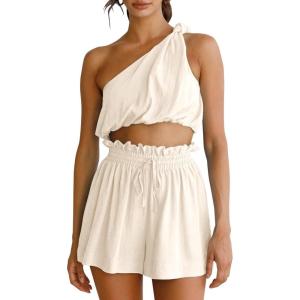 imageImily Bela Womens 2 Piece Outfits Linen Matching Sets Two Piece Crop Tops and Paper Bag Waist Shorts Sets 2025 Summer OutfitsBeige