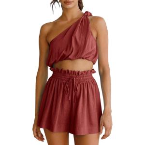 imageImily Bela Womens 2 Piece Outfits Linen Matching Sets Two Piece Crop Tops and Paper Bag Waist Shorts Sets 2025 Summer OutfitsWine Red