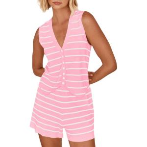 imageImily Bela Womens 2 Piece Outfits Summer Striped Casual Lounge Sets Knit Sleeveless V Neck Tops Short SetsPink