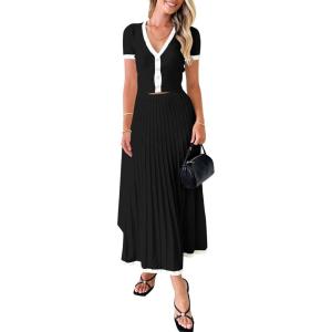imageImily Bela Womens 2 Piece Sweater Outfits Sets Short Sleeve V Neck Crop Top Knit Midi Long Pleated Skirt DressesBlack