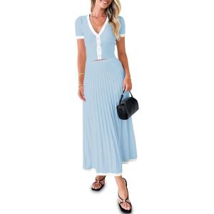 imageImily Bela Womens 2 Piece Sweater Outfits Sets Short Sleeve V Neck Crop Top Knit Midi Long Pleated Skirt DressesBlue