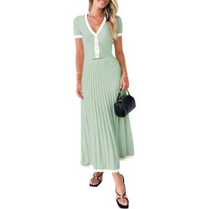 imageImily Bela Womens 2 Piece Sweater Outfits Sets Short Sleeve V Neck Crop Top Knit Midi Long Pleated Skirt DressesLight Green