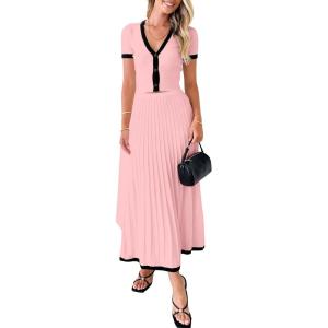 imageImily Bela Womens 2 Piece Sweater Outfits Sets Short Sleeve V Neck Crop Top Knit Midi Long Pleated Skirt DressesPink