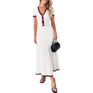 imageImily Bela Womens 2 Piece Sweater Outfits Sets Short Sleeve V Neck Crop Top Knit Midi Long Pleated Skirt DressesRed