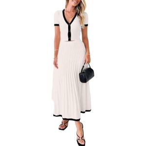 imageImily Bela Womens 2 Piece Sweater Outfits Sets Short Sleeve V Neck Crop Top Knit Midi Long Pleated Skirt DressesWhite