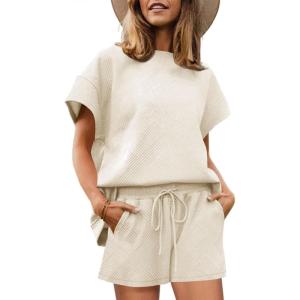 imageImily Bela Womens Loungewear Set Short Sleeve Tops and Shorts 2 Piece Outfits Plus Size Oversized Pajama Set with PocketsBeige