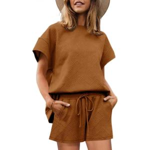 imageImily Bela Womens Loungewear Set Short Sleeve Tops and Shorts 2 Piece Outfits Plus Size Oversized Pajama Set with PocketsBrown