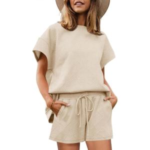 imageImily Bela Womens Loungewear Set Short Sleeve Tops and Shorts 2 Piece Outfits Plus Size Oversized Pajama Set with PocketsKhaki