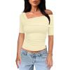 imageImily Bela Womens Off Shoulder Crop Tops Asymmetrical Going Out Short Sleeve Ruched Slim Fit Y2K T ShirtsBeige