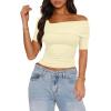 imageImily Bela Womens Off Shoulder Crop Tops Asymmetrical Going Out Short Sleeve Ruched Slim Fit Y2K T ShirtsBeige