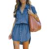 imageImily Bela Women Denim Dress Summer Jean Shirt Dress Short Sleeve Button Down Tie Waist Casual Short DressDark Blue