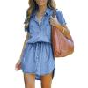 imageImily Bela Women Denim Dress Summer Jean Shirt Dress Short Sleeve Button Down Tie Waist Casual Short DressDenim Blue