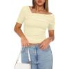 imageImily Bela Womens Off Shoulder Crop Tops Asymmetrical Going Out Short Sleeve Ruched Slim Fit Y2K T ShirtsBeige