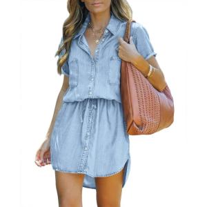 imageImily Bela Women Denim Dress Summer Jean Shirt Dress Short Sleeve Button Down Tie Waist Casual Short DressLight Blue