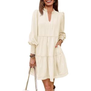 imageImily Bela Womens Fall Long Sleeve Tunic Dress Casual V Neck Loose Ruffle Tiered DressAbeige