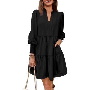 imageImily Bela Womens Fall Long Sleeve Tunic Dress Casual V Neck Loose Ruffle Tiered DressAblack