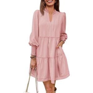 imageImily Bela Womens Fall Long Sleeve Tunic Dress Casual V Neck Loose Ruffle Tiered DressApink