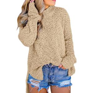 imageImily Bela Womens Fuzzy Knitted Sweater Sherpa Fleece Side Slit Full Sleeve Jumper OutwearsKhaki