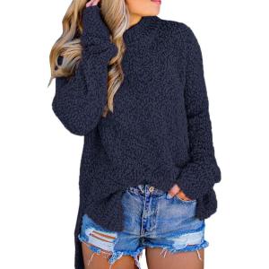 imageImily Bela Womens Fuzzy Knitted Sweater Sherpa Fleece Side Slit Full Sleeve Jumper OutwearsNavy Blue