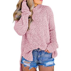 imageImily Bela Womens Fuzzy Knitted Sweater Sherpa Fleece Side Slit Full Sleeve Jumper OutwearsPink