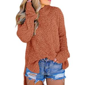 imageImily Bela Womens Fuzzy Knitted Sweater Sherpa Fleece Side Slit Full Sleeve Jumper OutwearsRed Brick