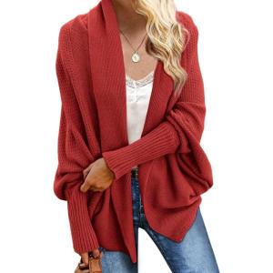 imageImily Bela Womens Kimono Batwing Cable Knitted Slouchy Oversized Wrap Cardigan SweaterRed  Orange