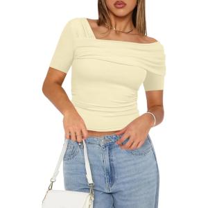 imageImily Bela Womens Off Shoulder Crop Tops Asymmetrical Going Out Short Sleeve Ruched Slim Fit Y2K T ShirtsBeige
