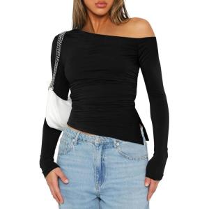 imageImily Bela Womens Off Shoulder Tops Long Sleeve Going Out Y2K Asymmetrical ShirtsBlack