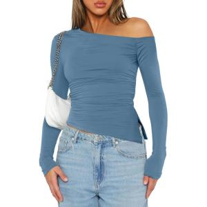 imageImily Bela Womens Off Shoulder Tops Long Sleeve Going Out Y2K Asymmetrical ShirtsBlue