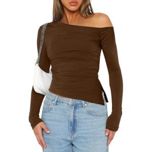imageImily Bela Womens Off Shoulder Tops Long Sleeve Going Out Y2K Asymmetrical ShirtsCoffee
