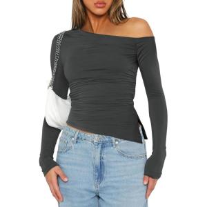 imageImily Bela Womens Off Shoulder Tops Long Sleeve Going Out Y2K Asymmetrical ShirtsGrey