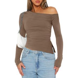 imageImily Bela Womens Off Shoulder Tops Long Sleeve Going Out Y2K Asymmetrical ShirtsKhaki